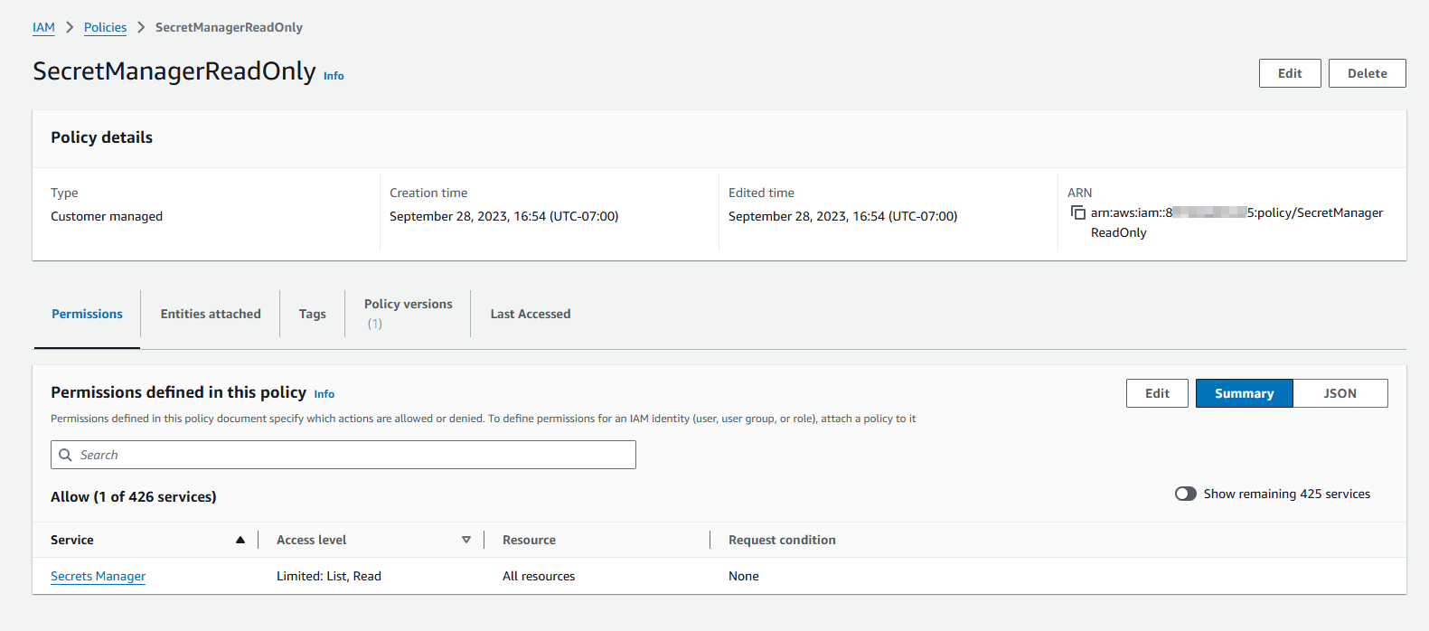 The image shows an IAM policy named "SecretManagerReadOnly." Under "Permissions defined in this policy," the access levels "Limited: List, Read" are selected for the Secrets Manager service.