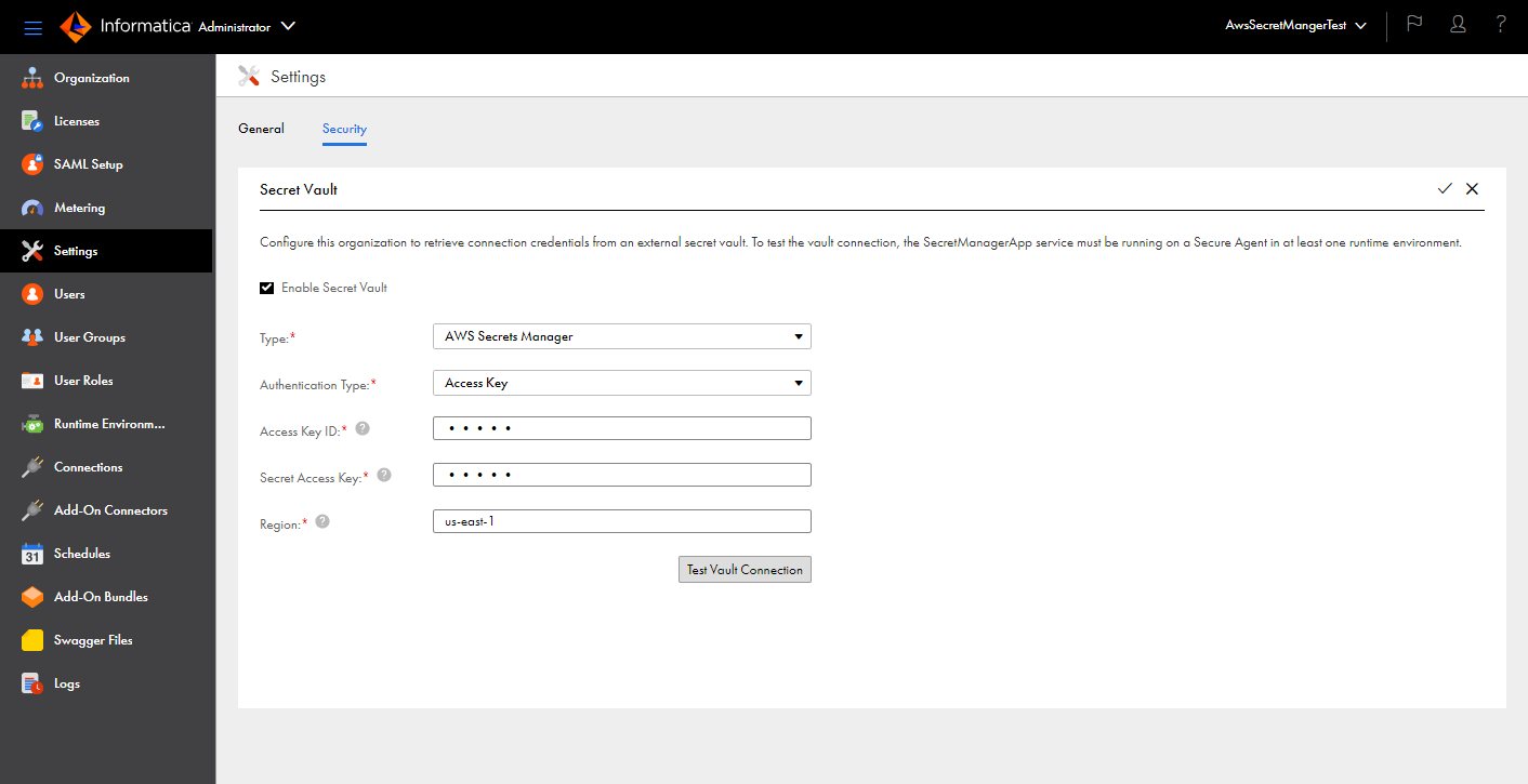 The Enable Secret Vault checkbox appears in the Secret Vault area of the Security tab. When you enable the checkbox, additional fields are displayed. These fields vary based on which secrets manager type you choose.