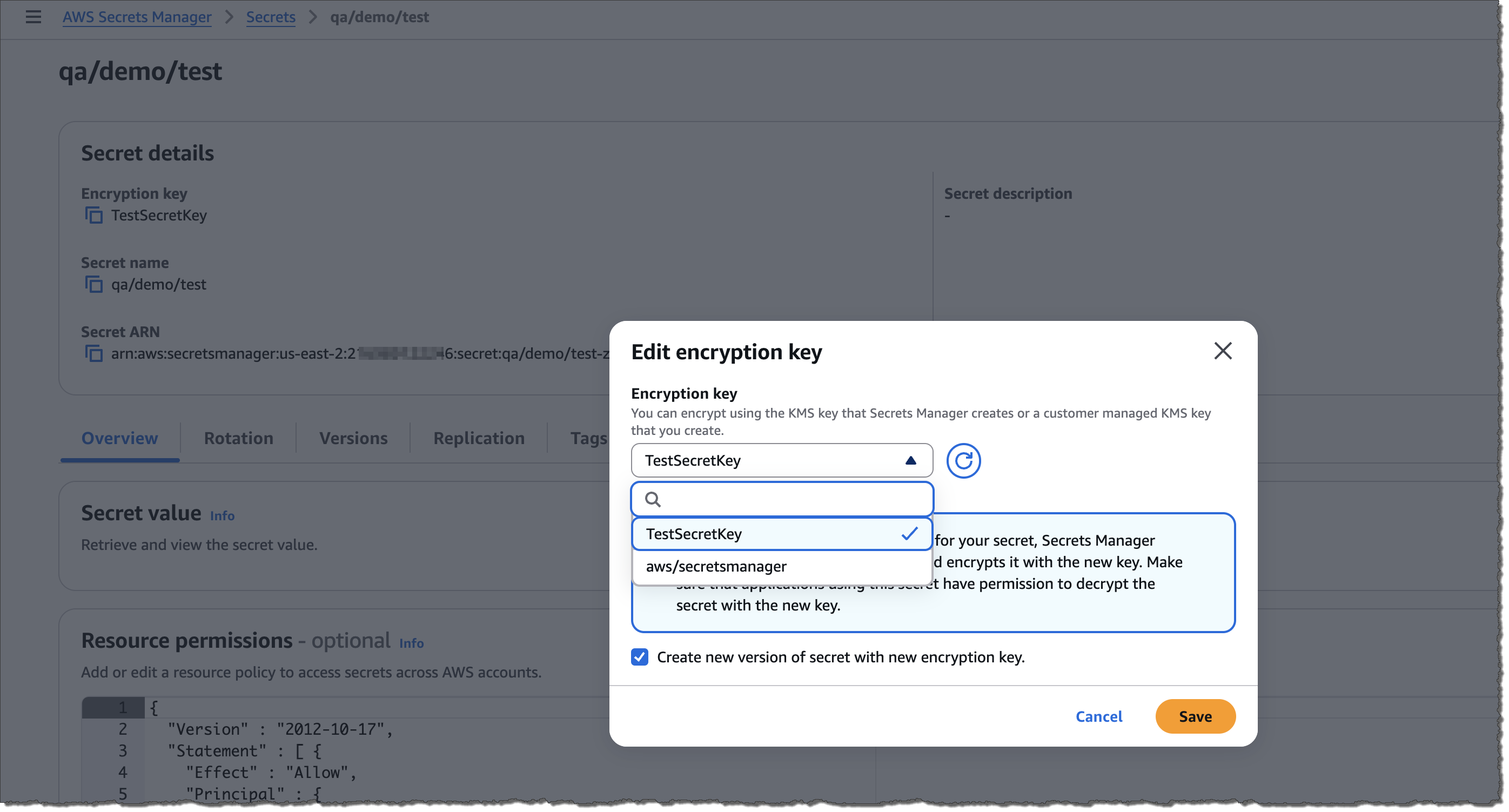 The image shows the AWS "Edit encryption key" dialog box for a secret. The customer-managed key is selected in the "Encryption key" drop-down list.