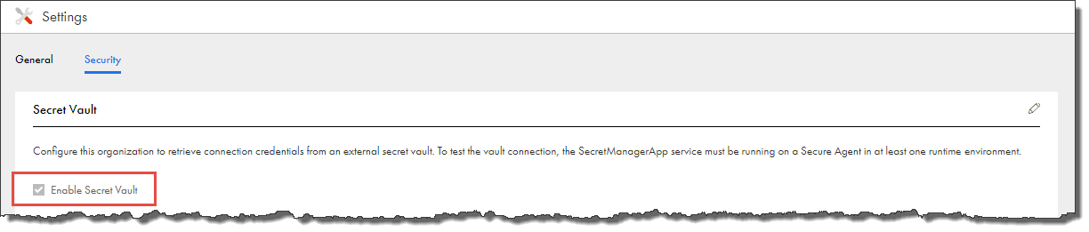 The Enable Secret Vault checkbox appears in the Secret Vault area of the Security tab on the Settings page.
