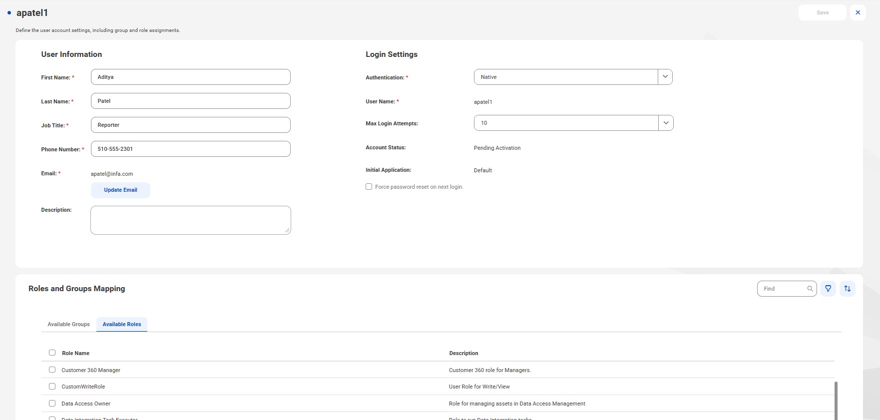 The user details page displays user information, login settings, and assigned user groups and roles for a specific user.