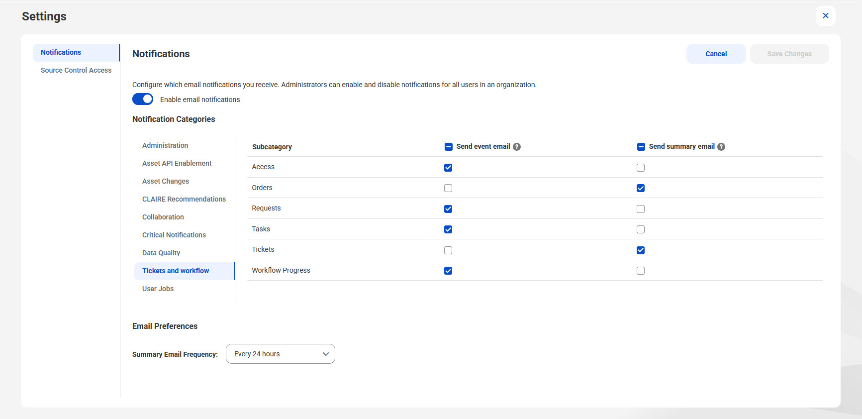 The Notification Settings page shows Tickets and workflow as the selected category with Subcategory options Access, Orders, Requests, Tasks, Tickets, and Workflow Progress. Each subcategory has options to send event emails and send summary emails with checkboxes. Summary Email Frequency is set to send every 24 hours.