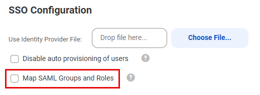 The Map SAML Groups and Roles check box under SSO Configuration on the SAML Setup page is disabled.