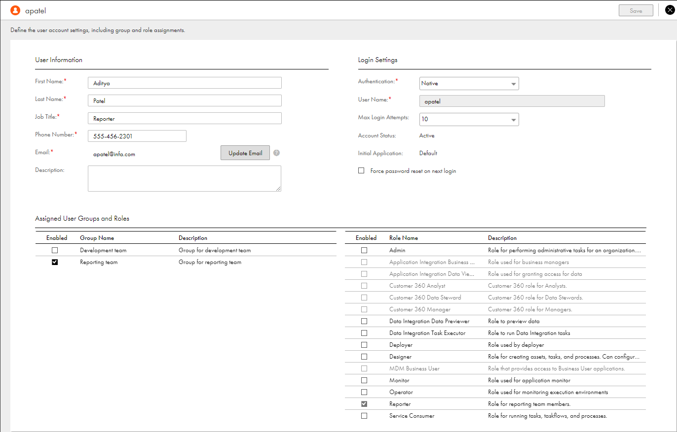 The user details page displays user information, login settings, and assigned user groups and roles for a specific user.