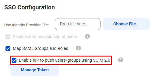 The Enable IdP to push users/groups using SCIM 2.0 check box under SSO Configuration on the SAML Setup page is enabled.