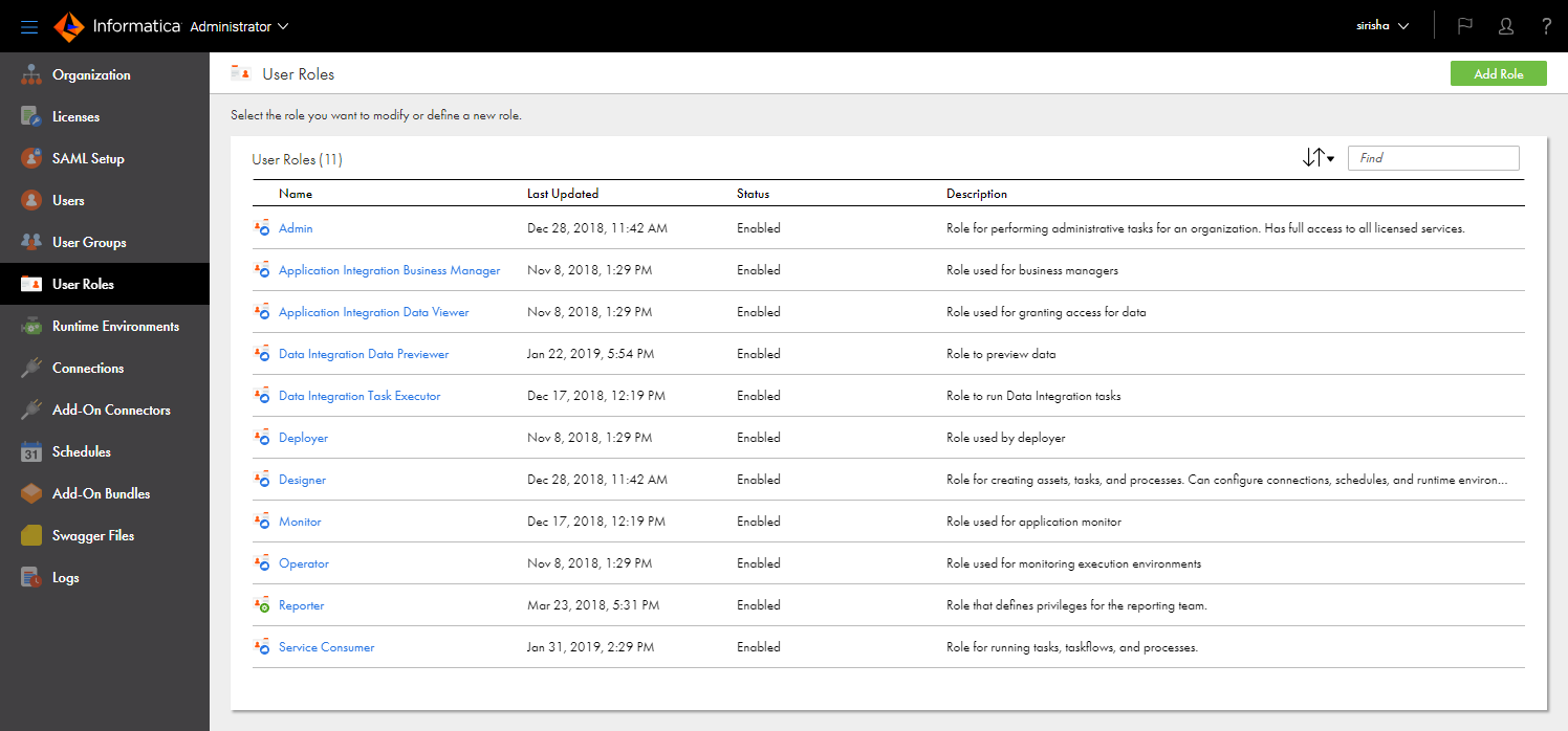 The User Roles page shows the system-defined roles Admin, Application Integration Business Manager, Application Integration Data Viewer, Data Integration Data Previewer, Data Integration Task Executor, Deployer, Designer, Monitor, Operator, and Service Consumer. It also shows any custom role that is defined for your organization. In this organization, the Reporter role is a custom role.