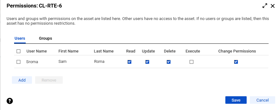 This image shows the Permissions tab of an elastic runtime environment. The permissions are divided across Users and Groups subtabs. For each user or group, it displays the permissions, with check boxes for Read, Update, Delete, Execute, Change Permissions. There is one sample user on the page.