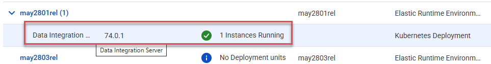 The Elastic Environment page shows the Data Integration server version 74.0.1 with one running instance in an elastic runtime environment.