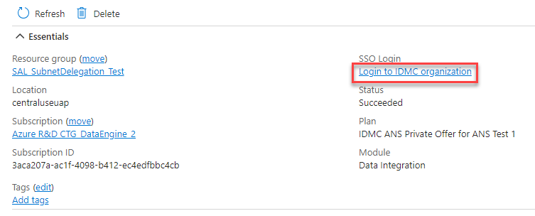 The resource dashboard in Azure, with the "Login to IDMC organization" link highlighted.