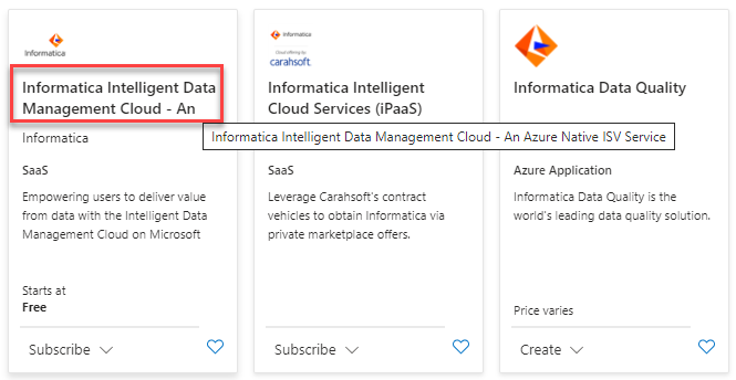 The Informatica plan highlighted on the Azure Marketplace. Attention is drawn to the correct plan, which is named "Informatica Intelligent Data Management Clound - An Azure Native ISV Service".