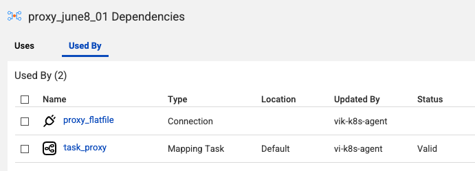 This image shows the Dependencies tab of an elastic runtime environment. It displays examples of a connection and mapping task that is using the environment. The dependency details include columns for: Name, Type, Location, Updated By, and Status.