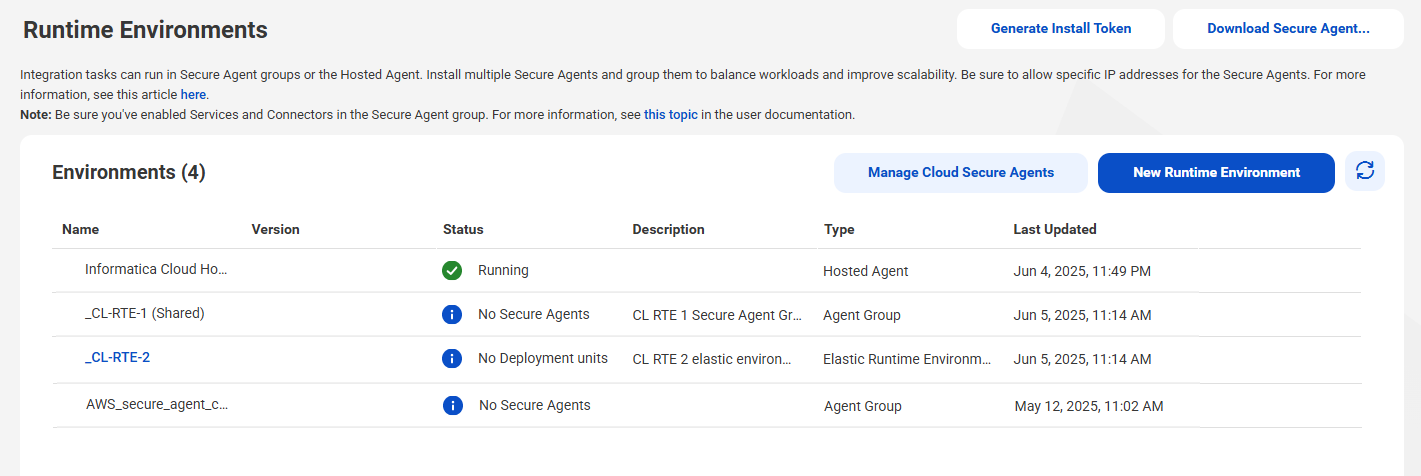 The Runtime Environments page shows all runtime environments including the Hosted Agent, Secure Agent groups, and elastic runtime environments.