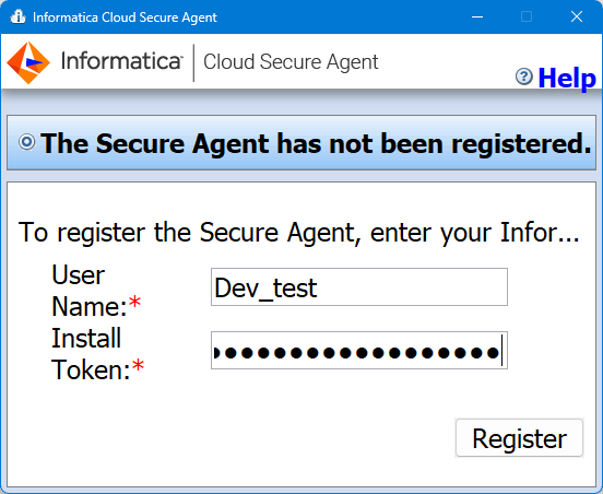 The Secure Agent registration dialog box prompts you to enter the user name and install token.