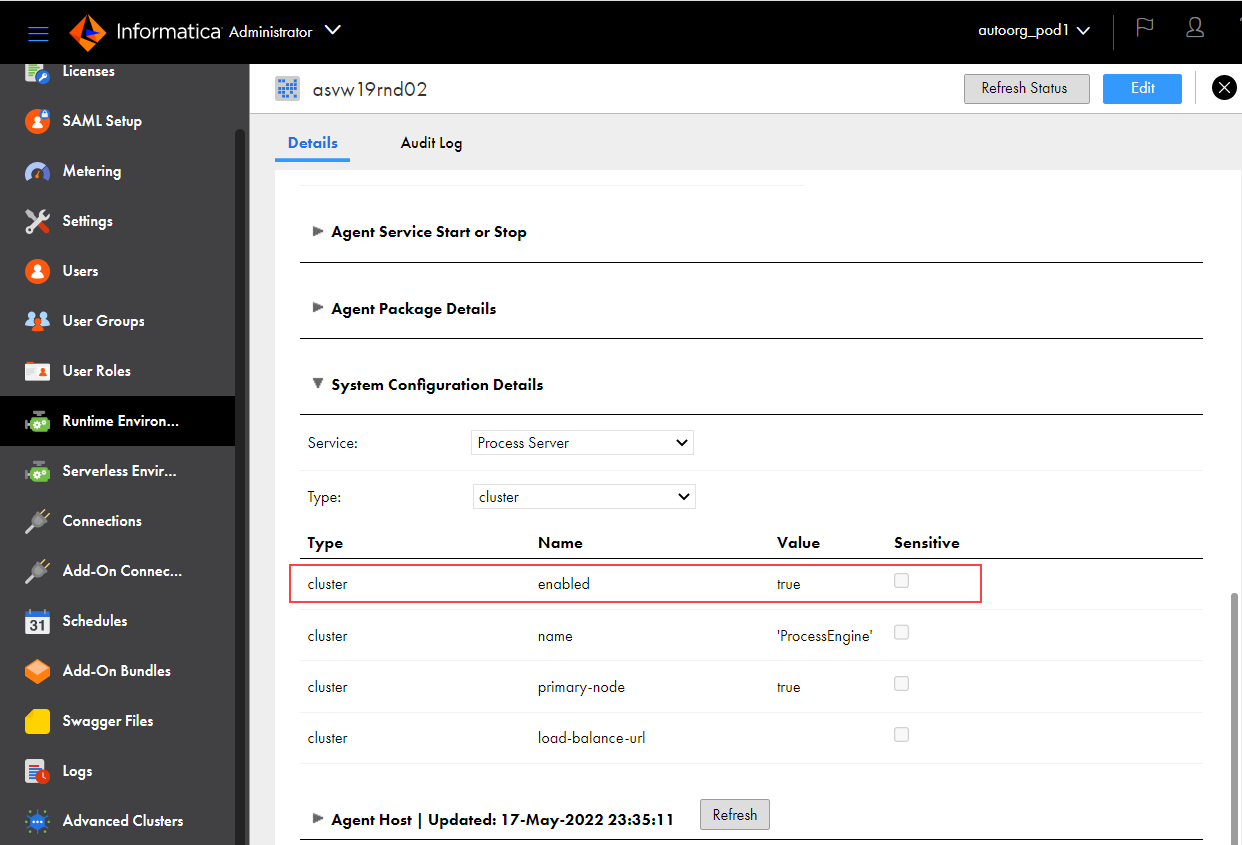 This image shows the cluster configuration enabled for the Process Server.