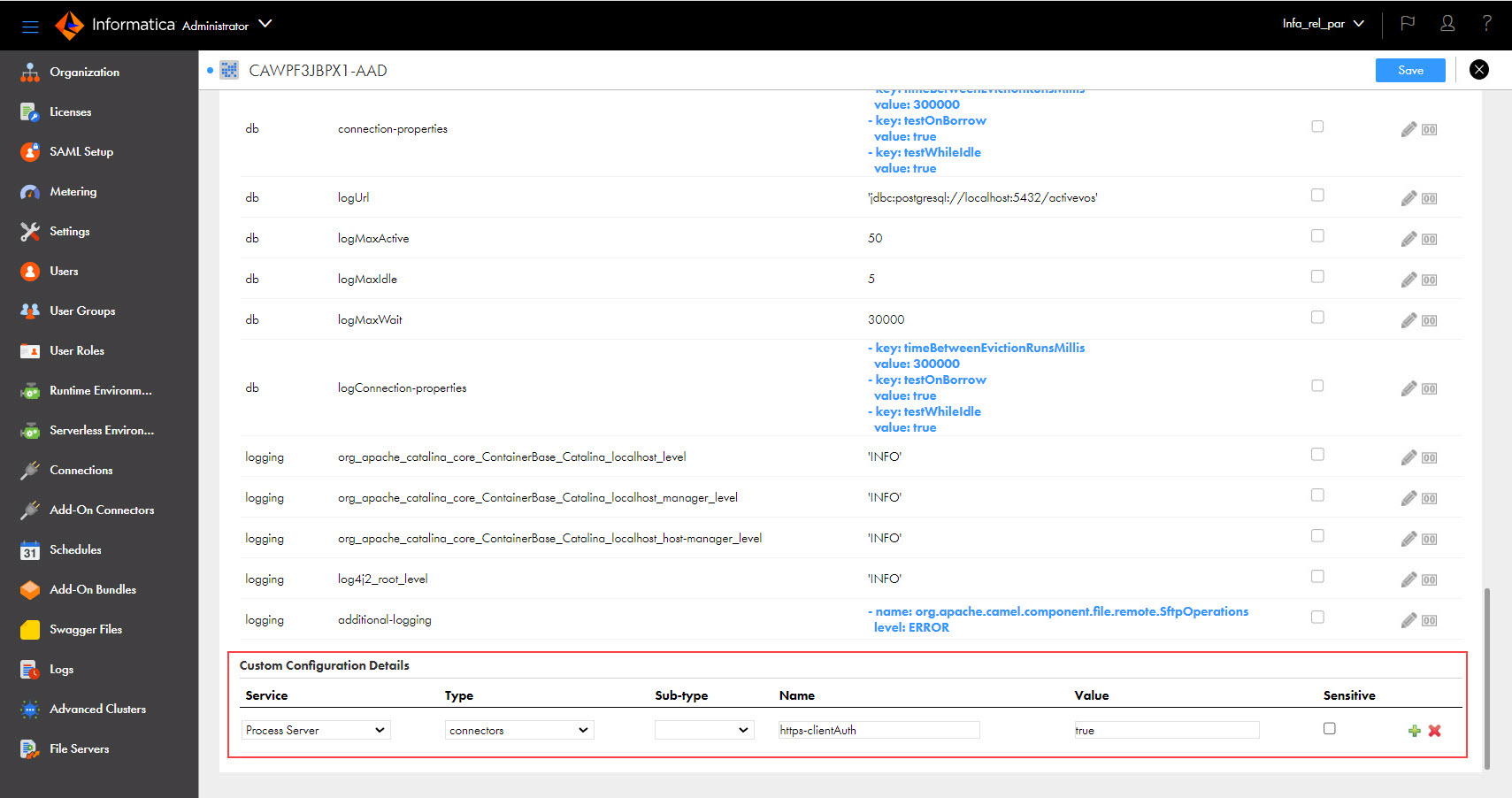 The image shows the custom property https-clientAuth set to true to enable the mutual authentication for Process Server.