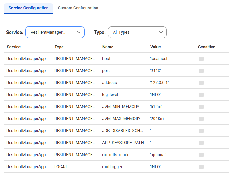 The ResilientManagerApp service properties include the LOG4J rootLogger property, as well as the following RESILIENT_MANAGER_APP_CONF properties: host, port, address, log_level, JVM_MIN_MEMORY, and JVM_MAX_MEMORY.