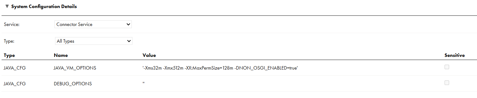 When you view or edit a Secure Agent and select the Connector Service, the Connector service properties appear in the System Configuration Details area. In this image, the service type is set to "All Types," and the JAVA_VM_OPTIONS and DEBUG_OPTIONS properties are displayed.