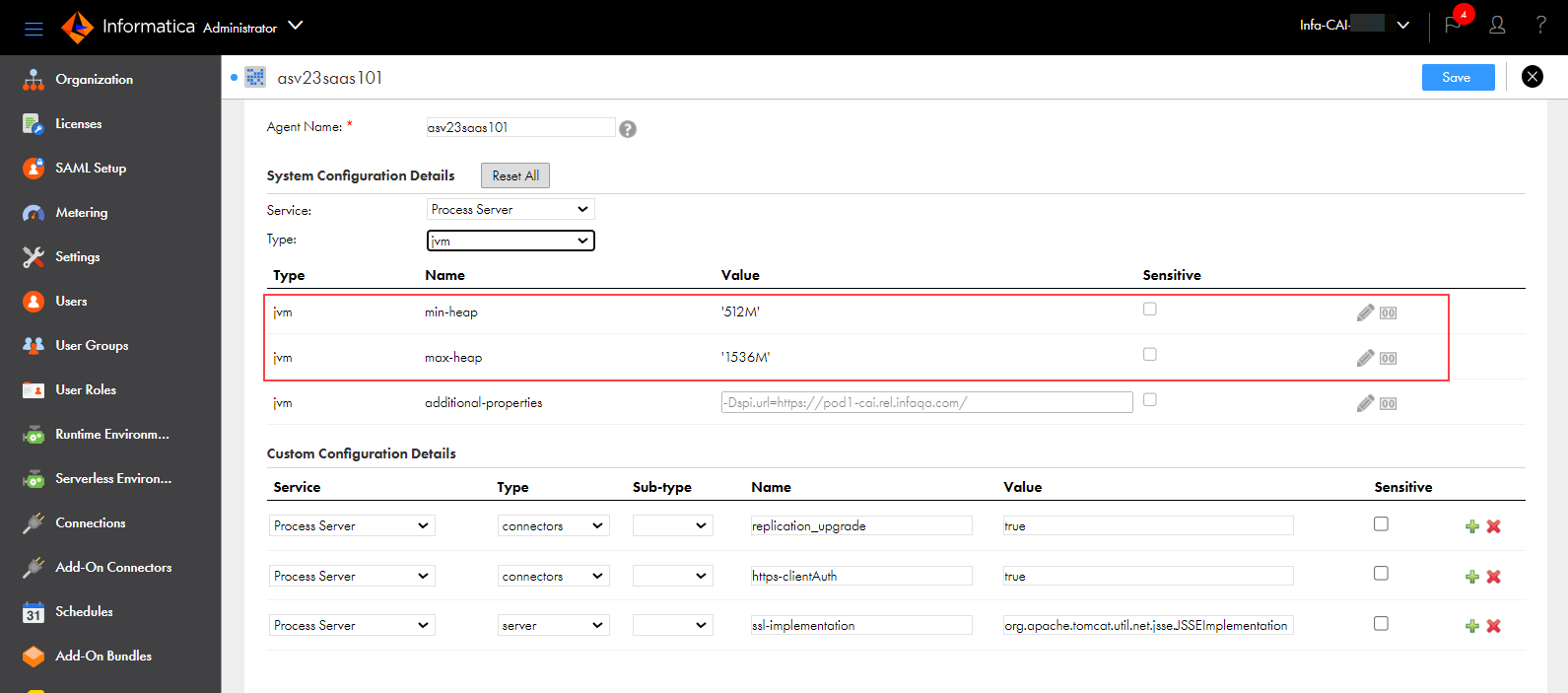 This image shows the jvm min-heap and jvm max-heap properties in the System Configuration Details section.