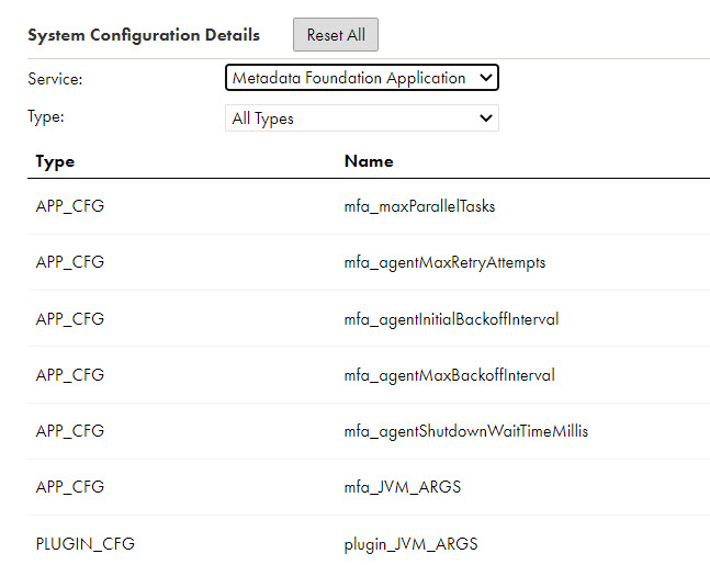 The image shows the Metadata Foundation Application service properties.