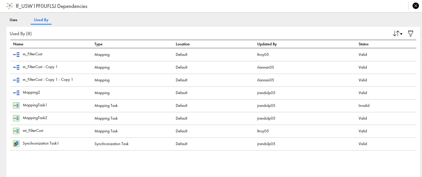 The image shows eight assets that use the connection. The page shows the Name, Type, Location, Updated By, and Status columns for each asset.