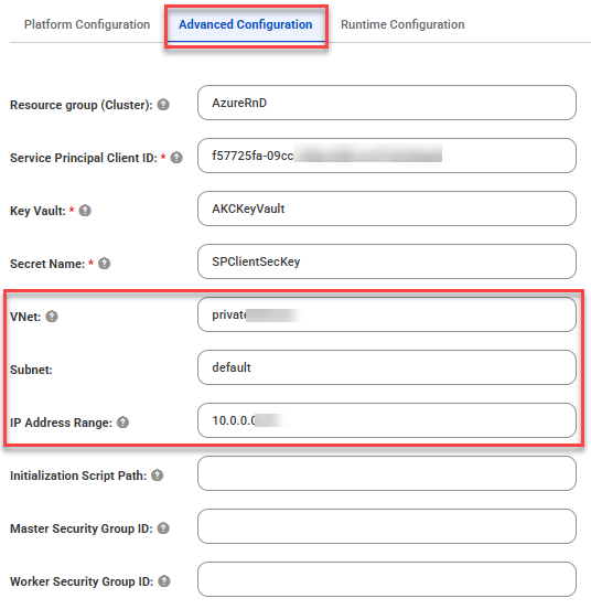 The Advanced Configuration tab displays vnet, subnet, and IP address range properties in advanced cluster.