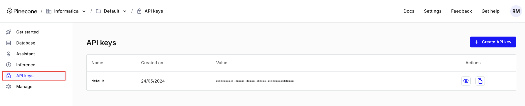 The image shows the API key in the Pinecone console.