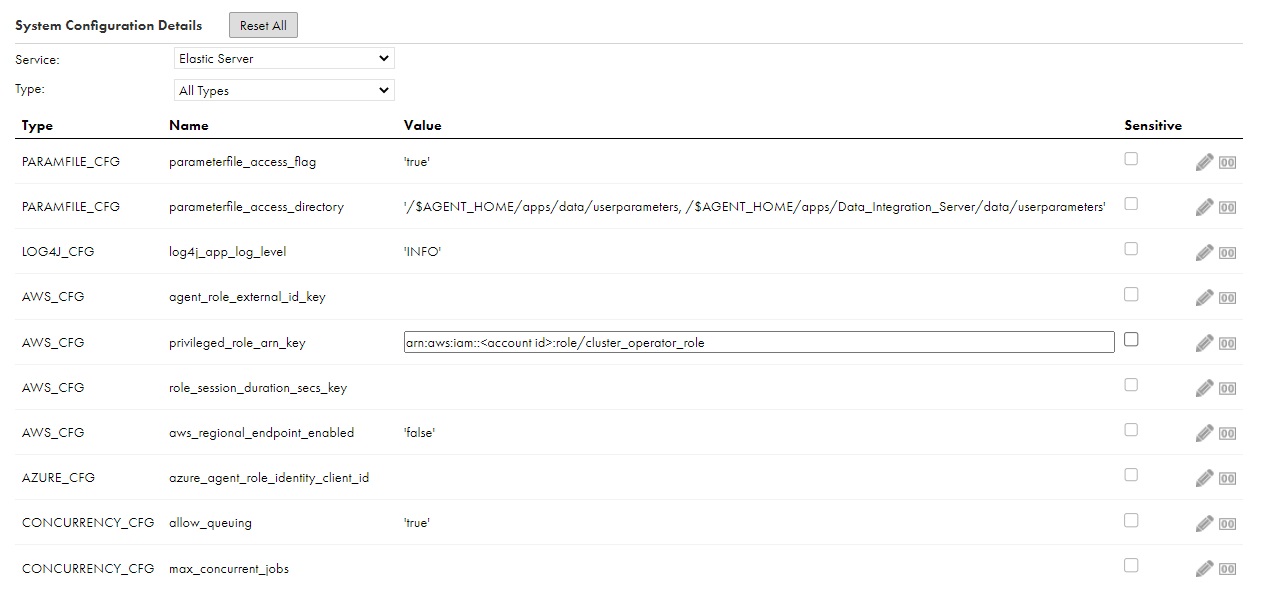 When you view or edit a Secure Agent and select the Elastic Server as the service, the Elastic Server properties appear in the System Configuration Details area. The service type is set to All Types, and the PARAMFILE, LOG4J, AWS, AZURE, and CONCURRENCY properties are displayed.