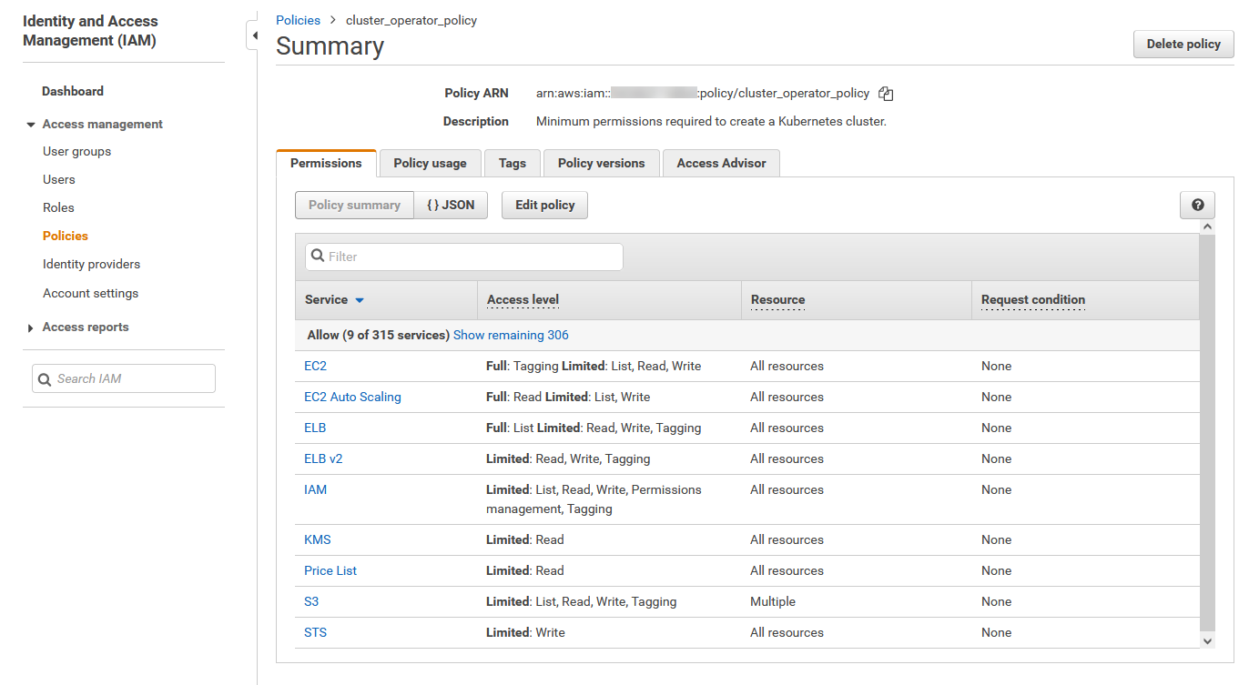 The AWS Management Console is signed in to the Identity and Access Management (IAM) service. Under Access management, the Policies tab is selected. The summary for the cluster operator policy is open. On the Permissions tab, nine of 315 services are allowed, including EC2, EC2 Auto Scaling, ELB, ELB v2, IAM, KMS, Price List, S3, and STS.