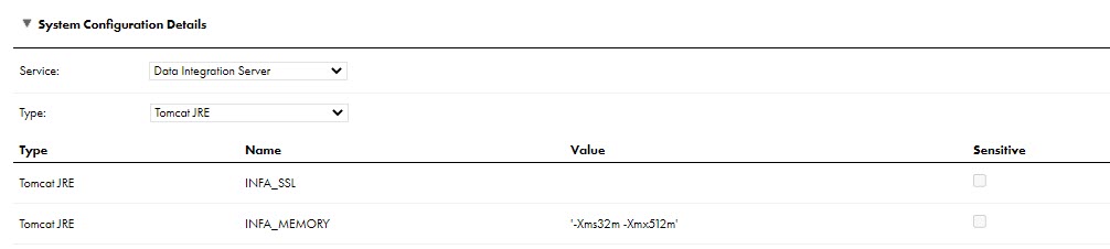 The System Configuration Details section of the agent details page shows the INFA_MEMORY property with the value -Xms32m -Xmx512m.