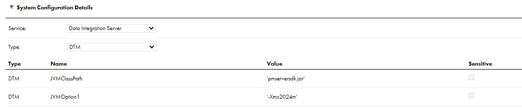 The System Configuration Details section of the agent details page shows the JVMOption1 property with the value '-Xmx2024m'.