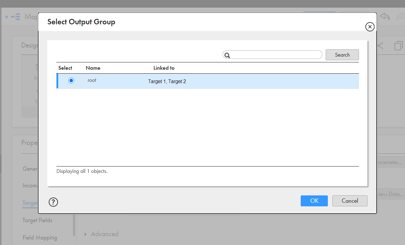 The Select Output Group dialog box shows the target to which you want to write data.