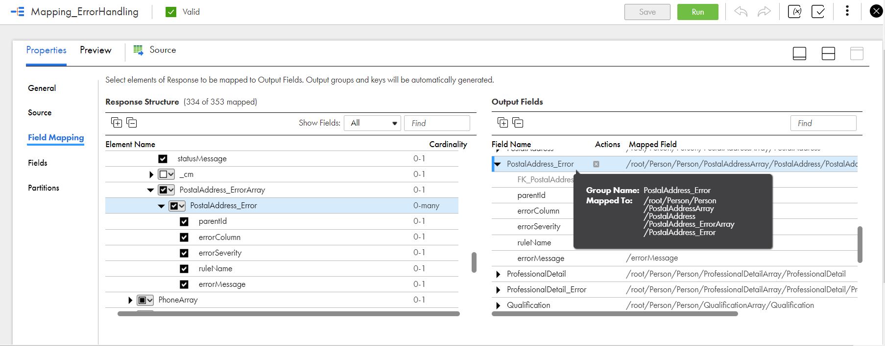 Mapping of fields in the PostalAddress_Error field group to target fields