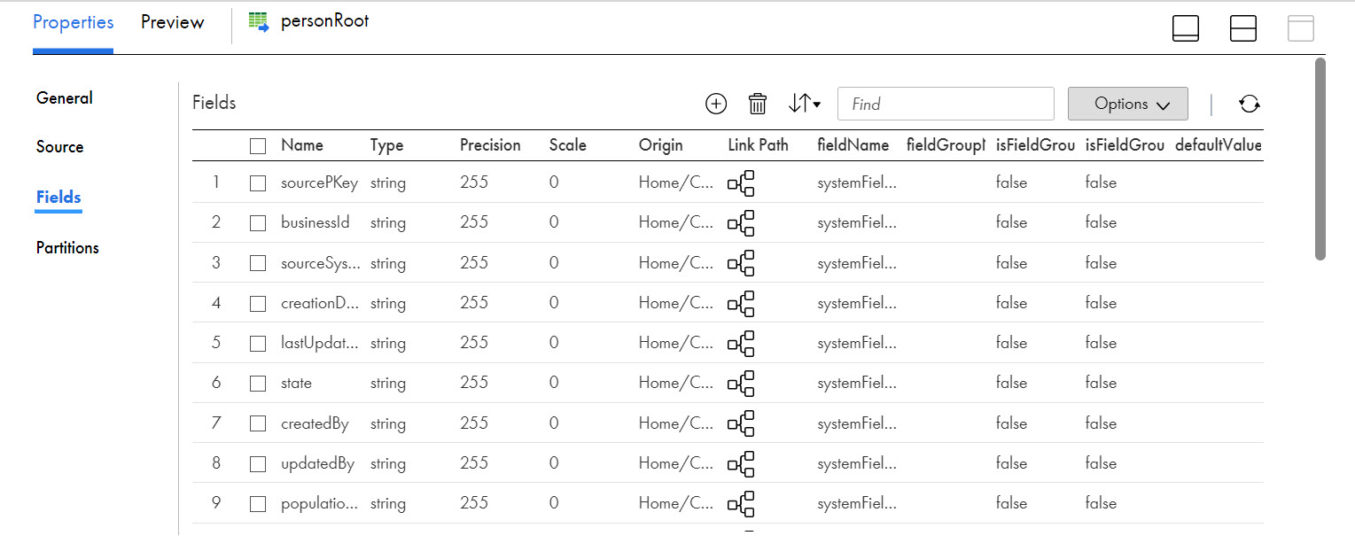 The image displays the root fields and field groups that you can map to the output fields.