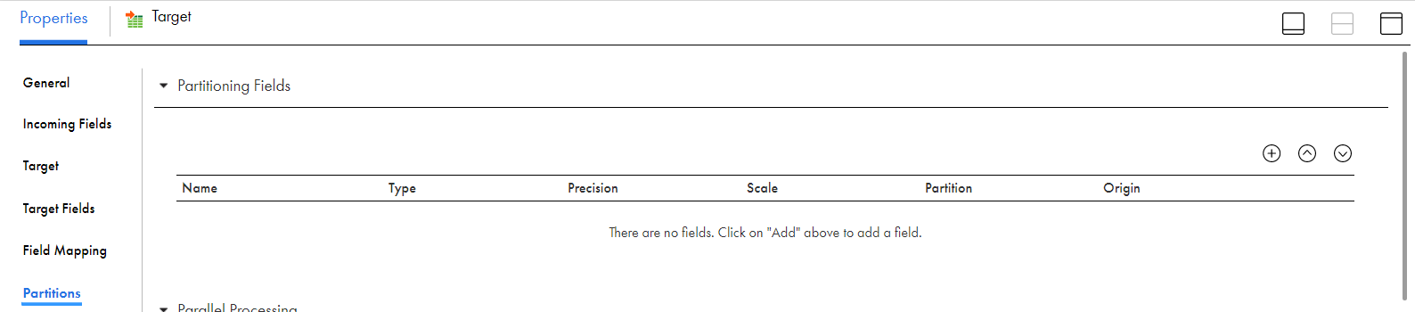 The image shows the Add button in the Partitions tab to add the partition columns.