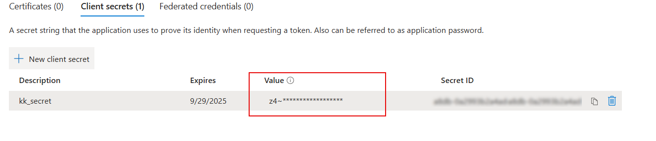The Client Secrets page shows a table with the generated client secret in the Value column along with description and expiry time.