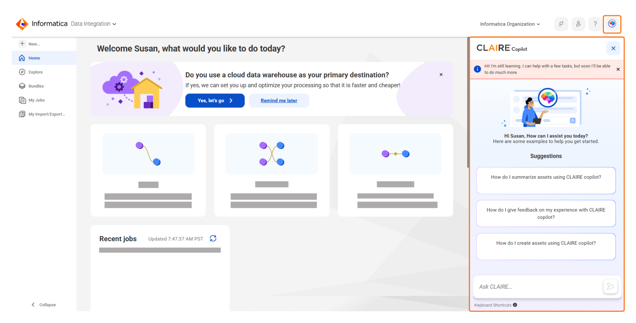 The CLAIRE Copilot conversation window is open using the CLAIRE icon. It shows the sample prompts, the prompt text box, and the keyboard shortcuts.