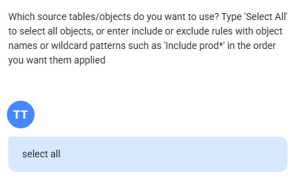 Select all tables in the source schema.