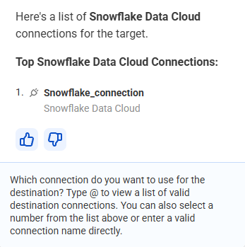 List of Snowflake target connections to choose from
