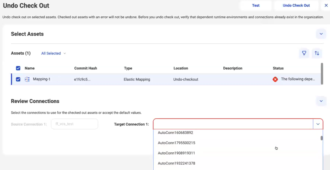 On the Undo Check Out page, under Review Connections, the Target Connection drop-down lists the organization's connections that can be used for the asset.