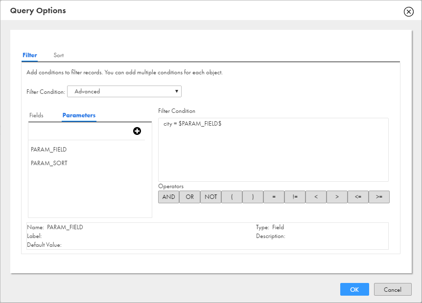 The example shows an advanced filter condition, "city = $PARAM_FIELD$," in which the field name is parameterized.