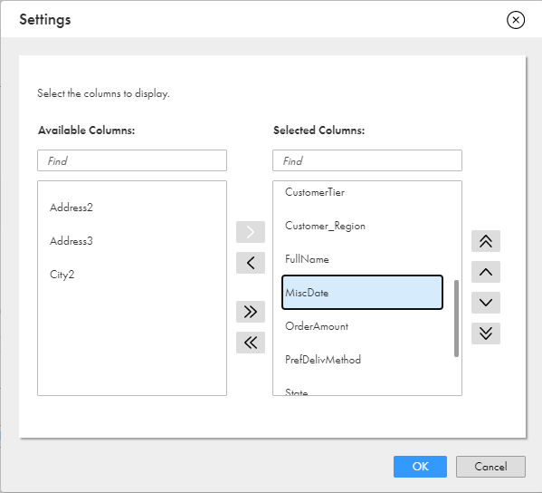 The image shows an Available Columns area on the left and a Selected Columns area on the right. Column names appear in both areas. The column MiscDate is selected in the Selected Columns area. There are directional arrows to move the selected column to the Available Columns on the left, or to move it up or down in the Selected Columns area.