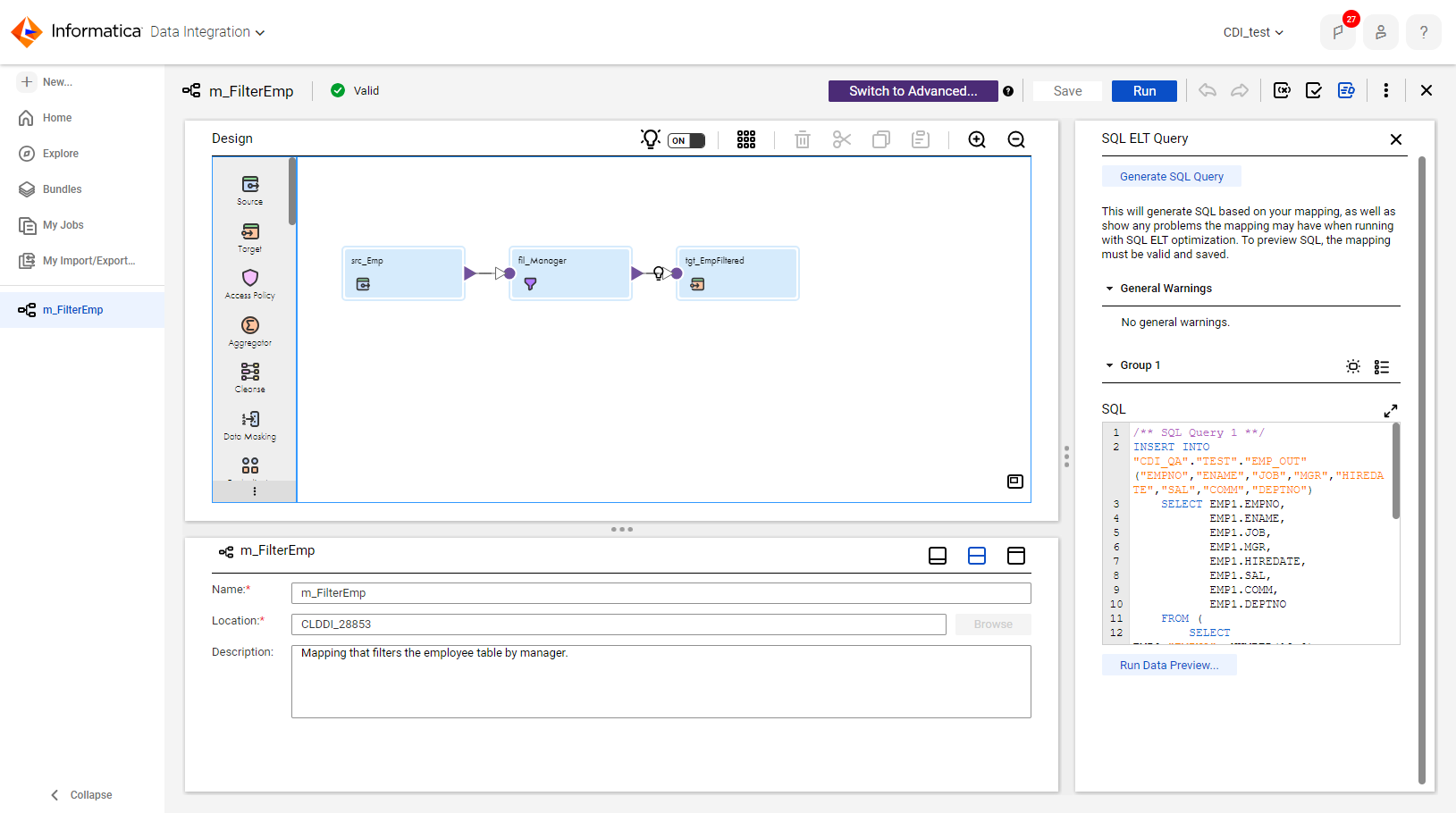 The image shows the SQL ELT Query panel on the right side of the Mapping Designer. The panel shows that there are no warnings in the General Warnings area. Group 1 is expanded and shows the SQL query to be executed.