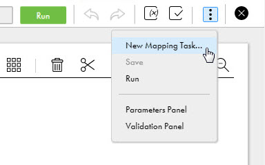 The image shows the Actions menu, which includes New Mapping Task, Save, Run, Parameters Panel, and Validation Panel.