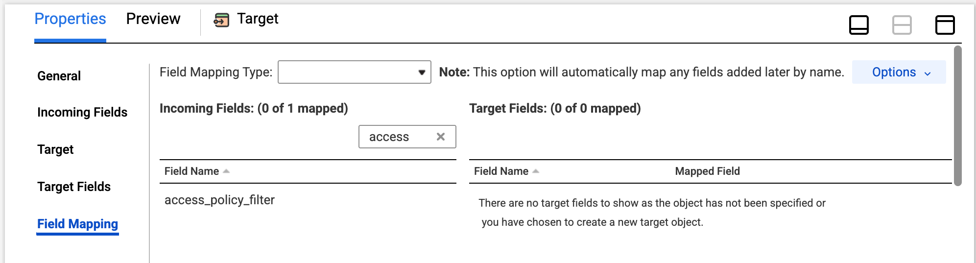 The access_policy_filter field name is not mapped to any fields.