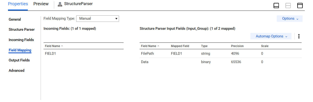 The Field Mapping tab shows the incoming fields that you can map to the structure parser input fields.