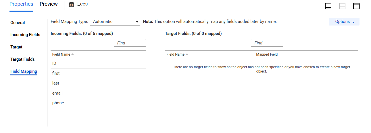 On the Field Mapping tab of the Target transformation, the field map options are set to "Automatic." Therefore, the incoming fields will be automatically mapped to the target fields.
