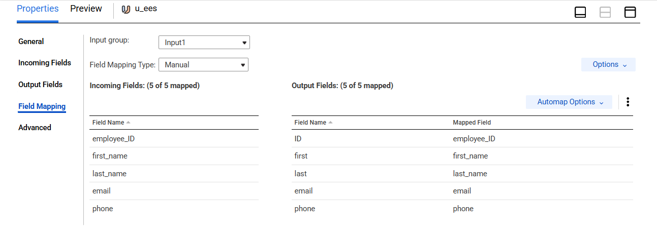 On the Field Mapping tab of the Union transformation, input group "Input1" is selected, and the field map options are set to "Manual." Each output field has been mapped to a corresponding incoming field.