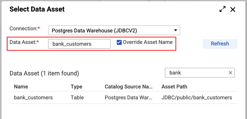 The Select Data Asset window includes a selection box and an "Override Asset Name" option.