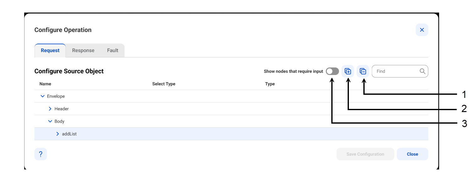 The icons at the top of the Configure Operation dialog box help you navigate to the nodes that you need to configure. You can expand all nodes, collapse all nodes, or show only nodes that you must configure.