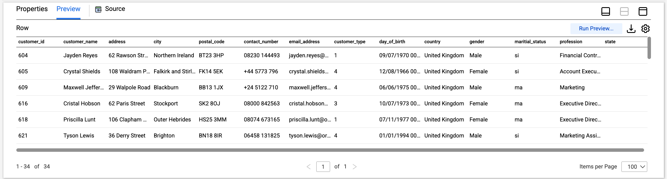 A preview of the Source showing raw data